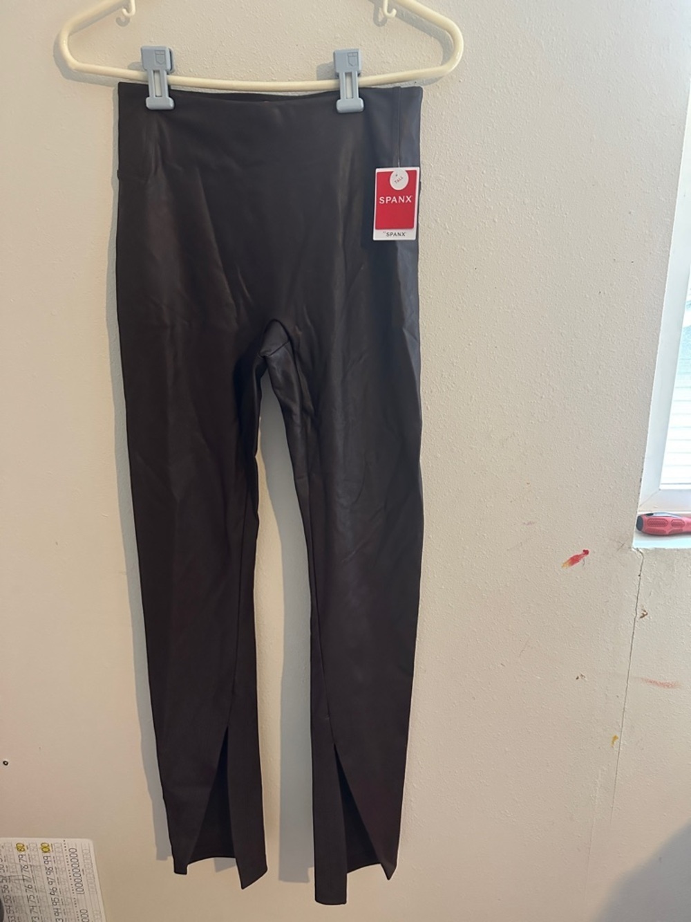 SPANX cherry chocolate Faux Leather Leggings with Front Hem Slits